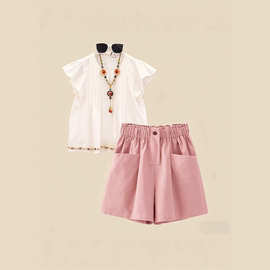 女童套装夏日高级感夏装2026新款儿童娃娃衫洋气休闲短裤两件套潮