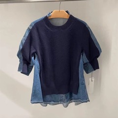 Fog sacai ss2023日本デザイン感セーター半袖ゆるいニットデニムステッチ半袖上着レディース