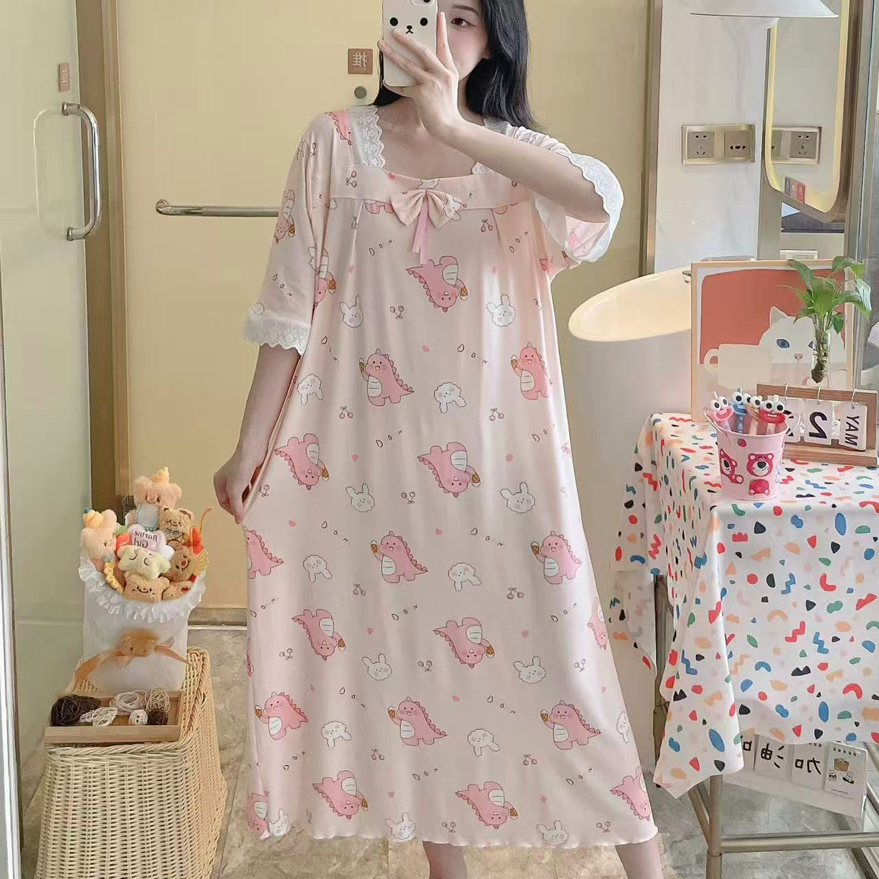 Transfronterizo al por mayor imitación de algodón dulce dibujos animados mangas cortas pijamas de primavera y otoño mujeres verano ropa larga y delgada suelta para el hogar