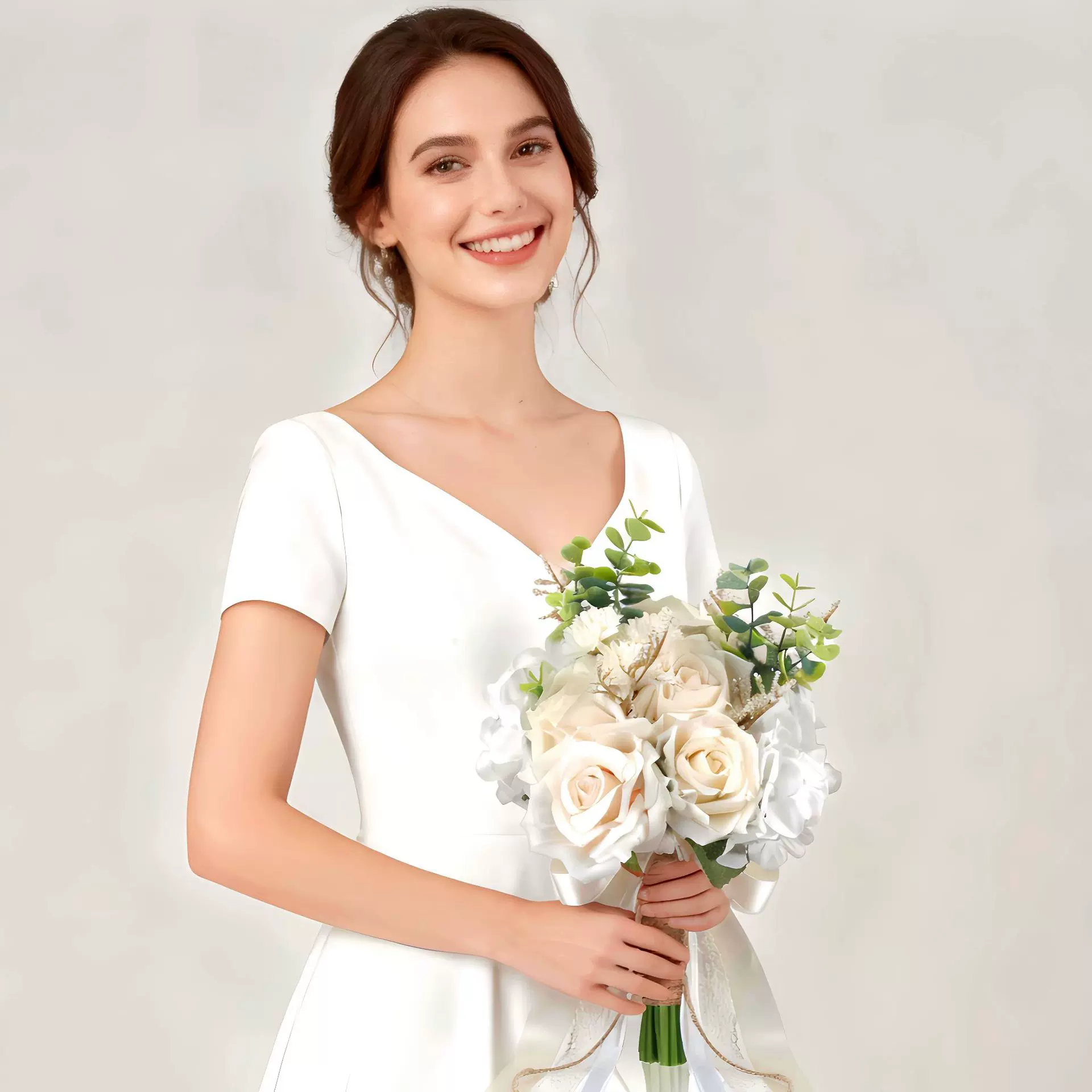 婚礼新娘手捧花人造香槟色玫瑰仿真花束装饰绢花手捧花新娘高级感