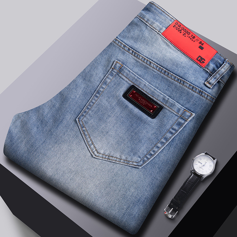 Dujia edición de alta gama europea jeans de hombre Anchor rojo azul pálido elástico lavado con agua pequeño pantalón recto de hombre