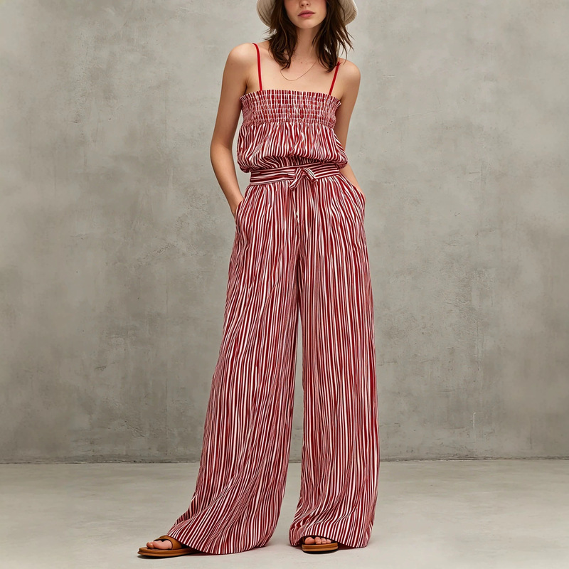 2026 European and American Amazon Women's Casual Red and White Striped Printed Woven Sleeveless Spaghetti Strap Set