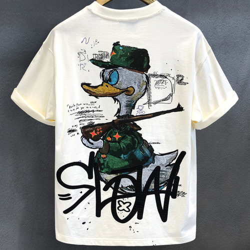 Cross-border American retro cartoon print short-sleeve t-shirt for men, loose drop shoulder five-sleeve high street fashion men's couple casual