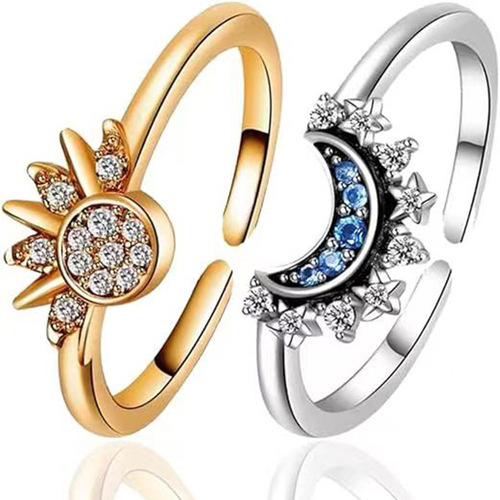 Cross-border S925 Pure Silver Ring Design, Moon and Sun Overlapping Stackable Women's Diamond Studded Amazon Silver Ring