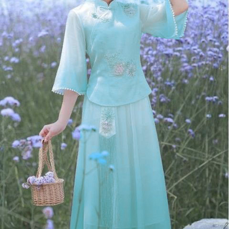 エスニックスタイルスーツスリム女性漢服大人中国風刺繍春夏唐スーツトップスとスカート 2 点セット|undefined
