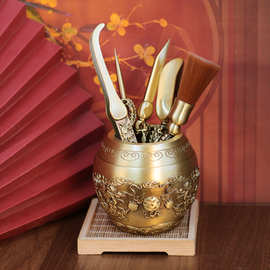 黄铜浮雕双龙茶道六君子功夫茶具配件家居茶桌茶夹茶刷勺泡茶工具