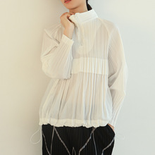 褶皱半开领拉链风衣上衣女秋季设计感宽松大码遮肚长袖卫衣套头衫