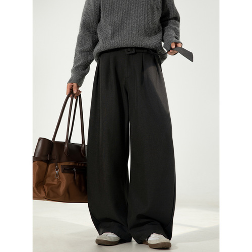 3D Pleated Drop Shoulder Straight Leg Men's Autumn Stylish Loose Straight Trousers Old Money Style Belt Casual Pants