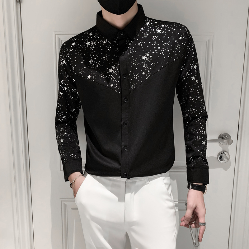 2024 New Personalized Sequined Shiny Long-Sleeved Shirt Men's National Fashion Clothing Host Design Mid-Sleeve Black Shirt