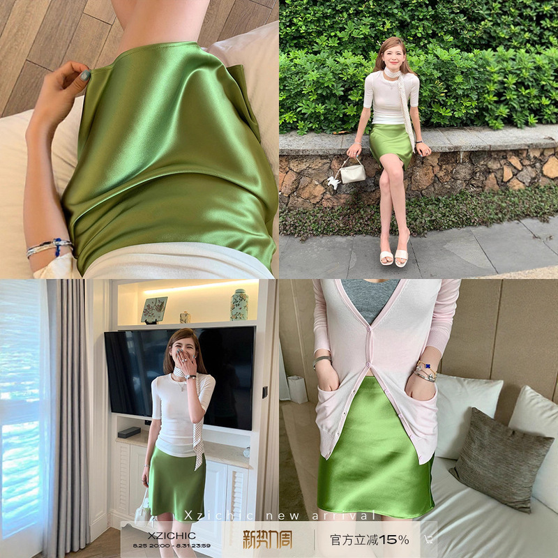 Xzichic缎面感醋酸半身裙女2025夏季新款摩登侧隐拉链斜裁短裙子|undefined