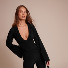 J25TP347 欧美女装秋季亚马逊新款深V领缩褶紧身垂坠式款长袖上衣