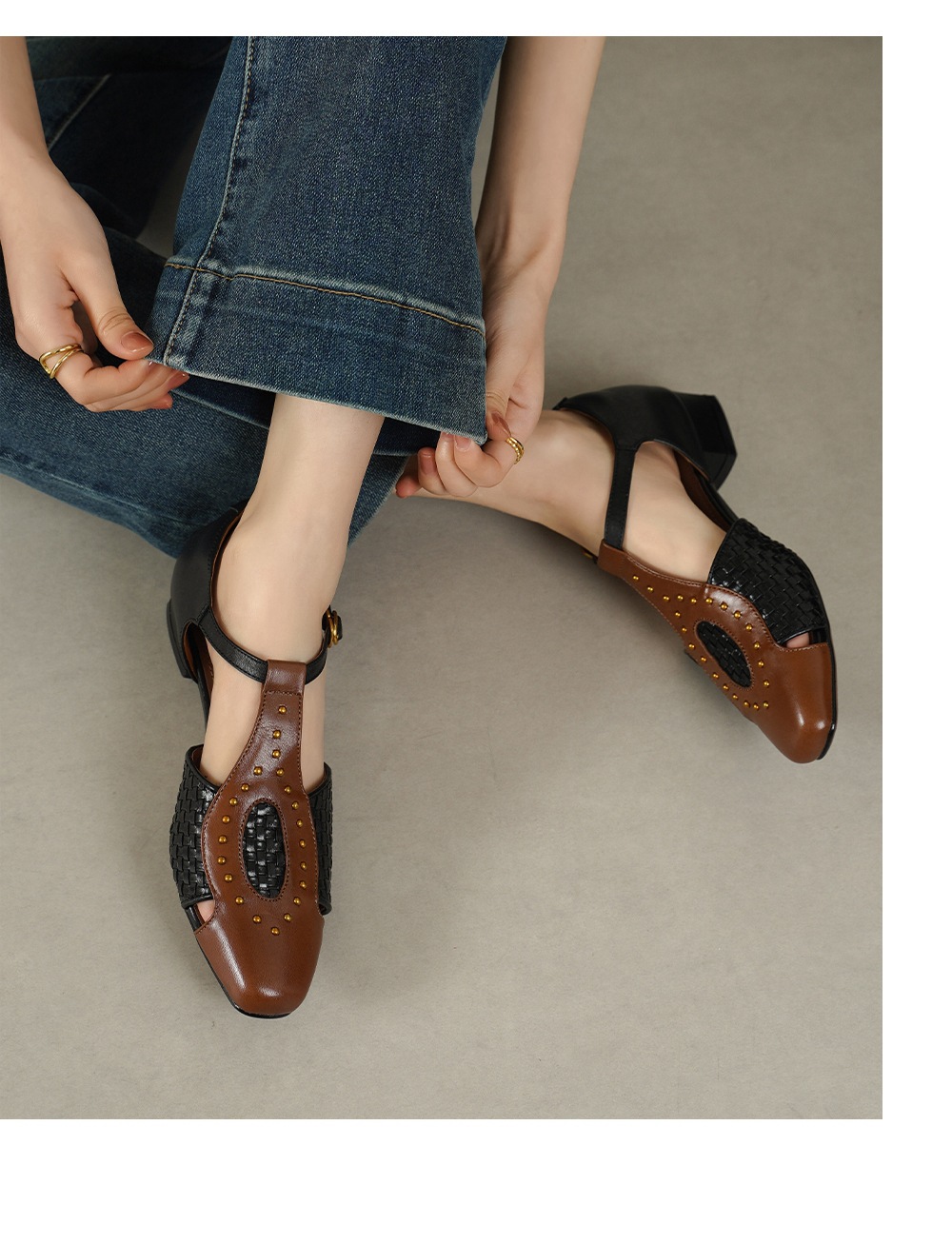 Sandal nữ mũi nhọn gót thấp da bò đinh tán phong cách La Mã — đen chi tiết 12
