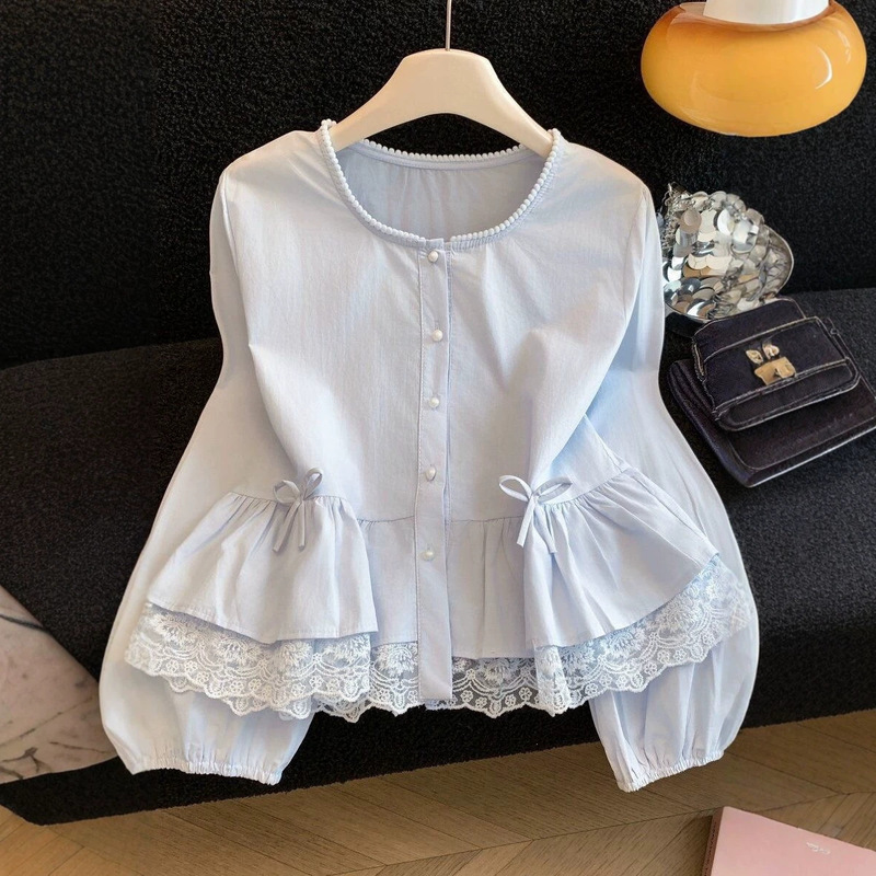 2026 Sweet and Youthful Lace Trim Hem Puff Sleeve Shirt for Women, Spring Ruffle Hem Blouse Top