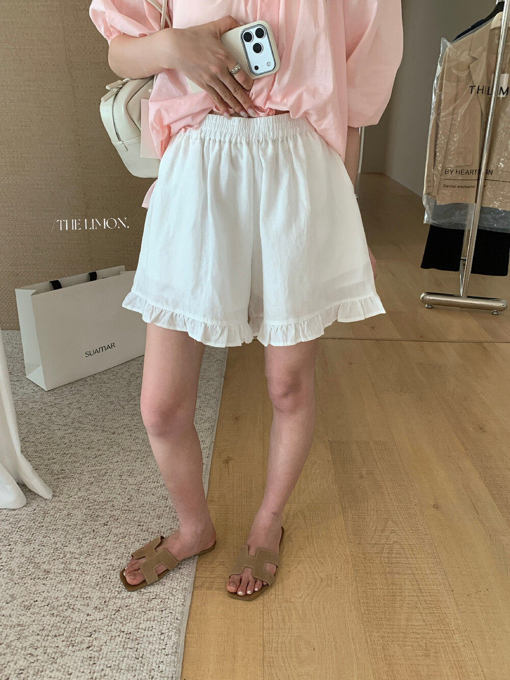 Quần short nữ cạp chun ống rộng chất liệu linen phối viền ren — màu sắc, xanh lam, Màu cà phê, màu hồng chi tiết 13