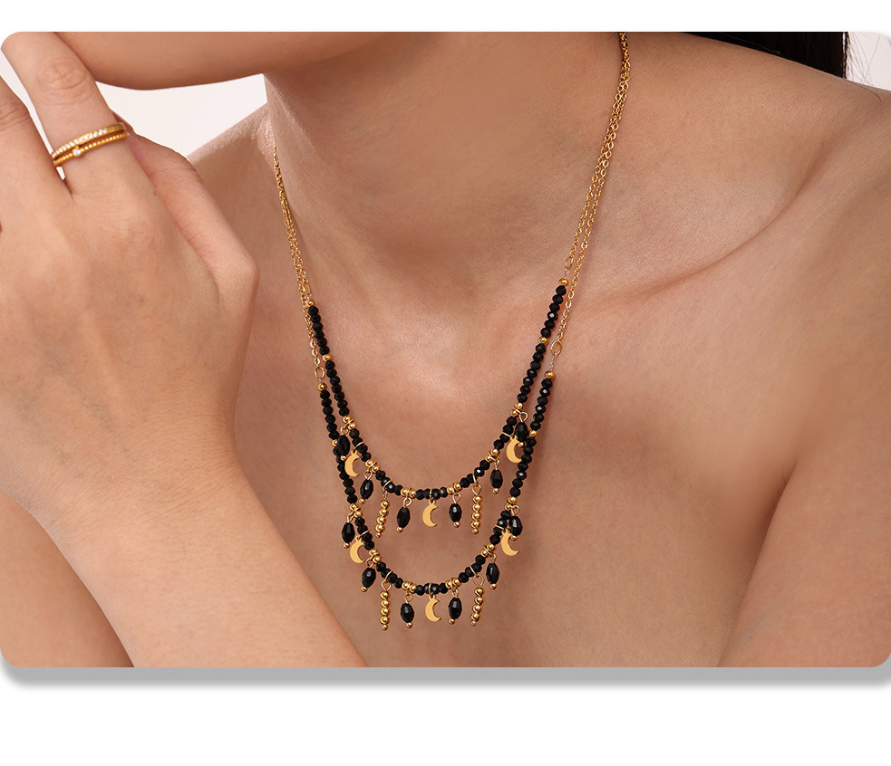 Sugar Cube Retro Temperament Black Crystal Moon Tassel Pendant Clavicle Necklace Stainless Steel Dark Queen Jewelry_voghion.com
