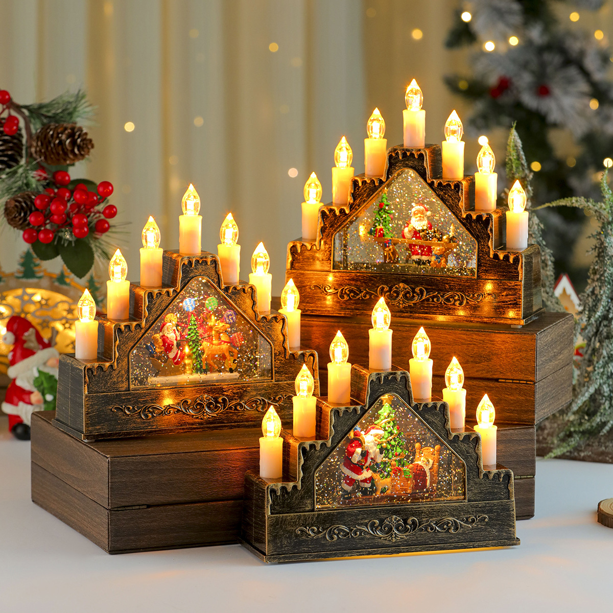 Nuevos productos creativos Inyección de agua Caja de música giratoria Luz de velas Decoración de la ventana del hogar del hotel Regalos de Navidad
