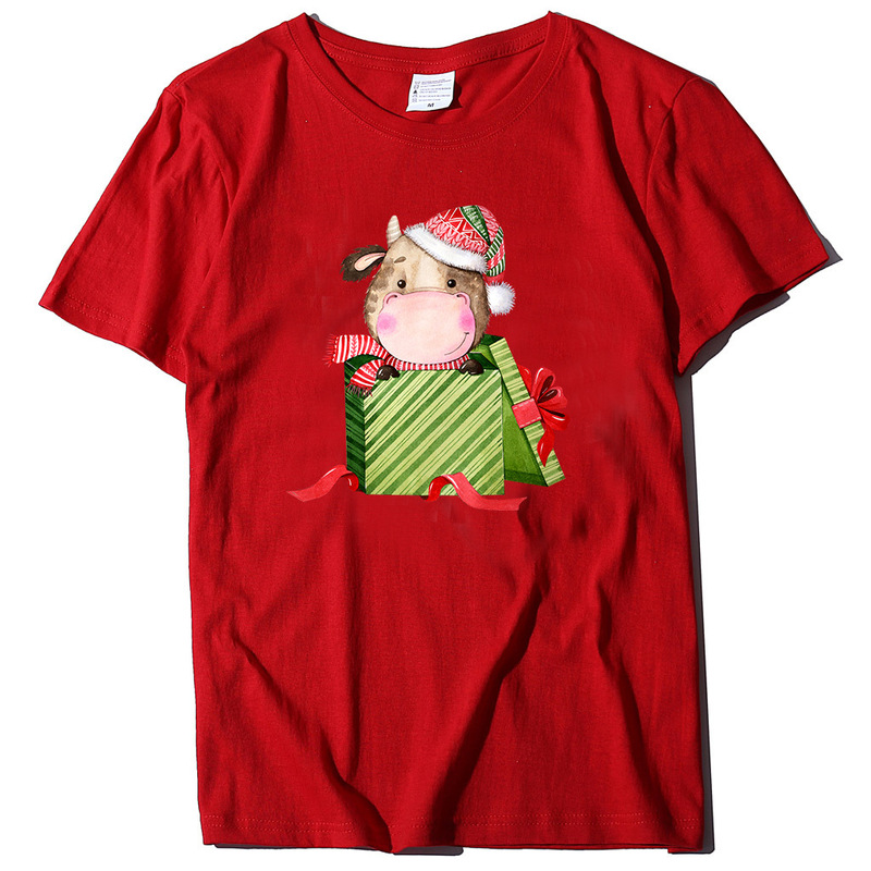 Amazon Cross-border Christmas Cute Gift Niu Niu Printed T-shirt Cute Style Casual Short Sleeve Round Neck