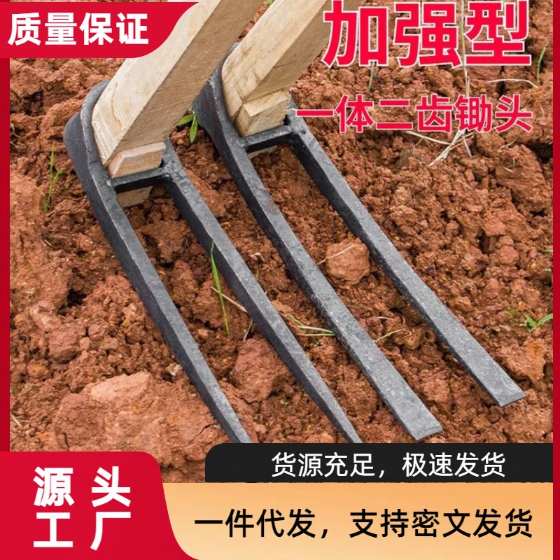 农用锄头全钢长把二齿锄头两用挖土开荒种菜开垦种地农具两齿耙子