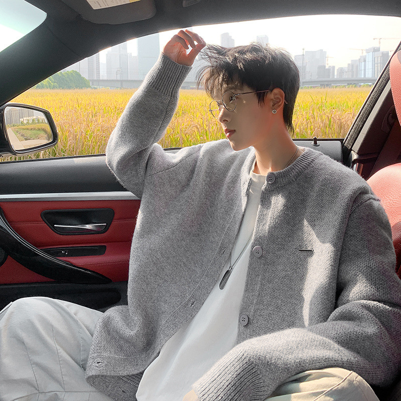 American Gray Cardigan Knitwear for Men in Autumn and Winter, Lazy and High-End Trendy Outer Wear Gray Knitwear Jacket