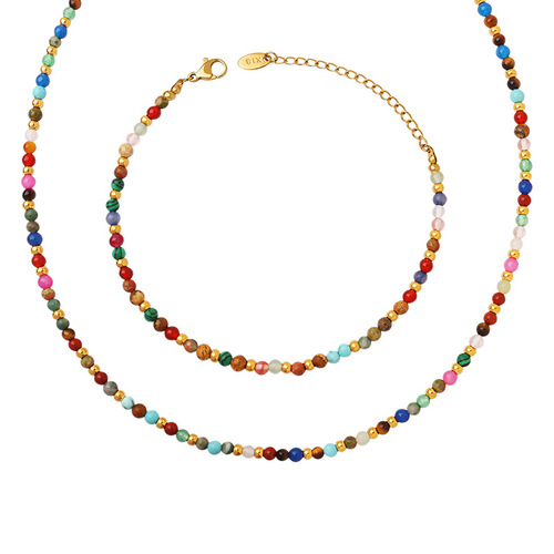 Colorful Natural Stone Titanium Steel Bead Personalized Accessory Bohemian Ethnic Style Necklace Fashion Bracelet Jewelry Set