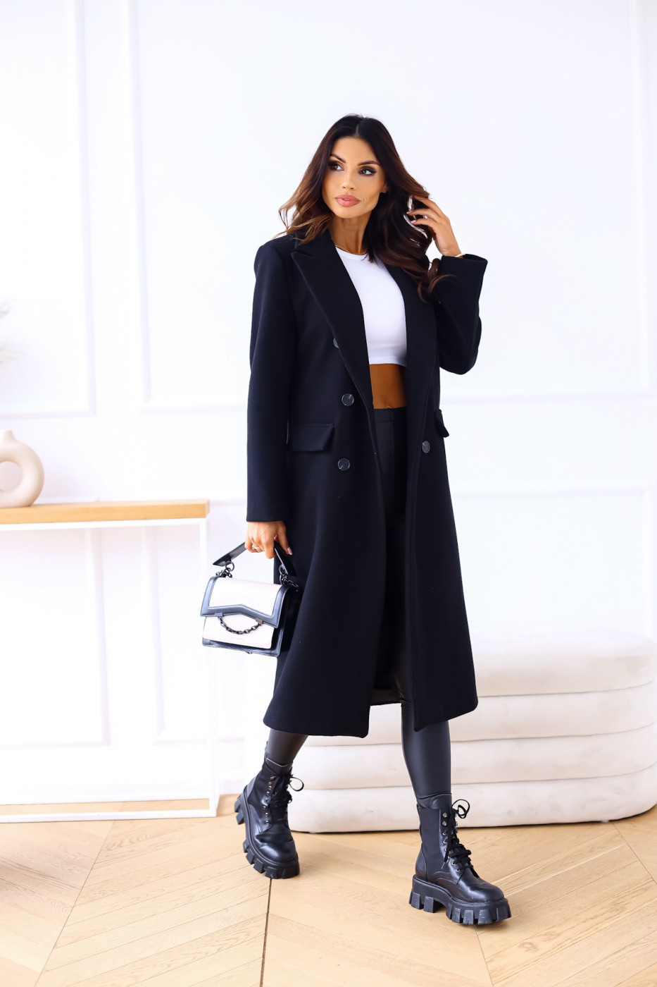 solid color double-breasted long-sleeved lapel button woolen coat NSYF138757