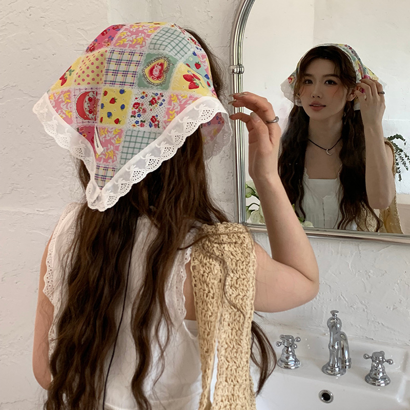 Pañuelo de seda de confinamiento de encaje de diadema francés de alta gama ins pañuelo de playa de fotografía de viaje de verano de alta gama