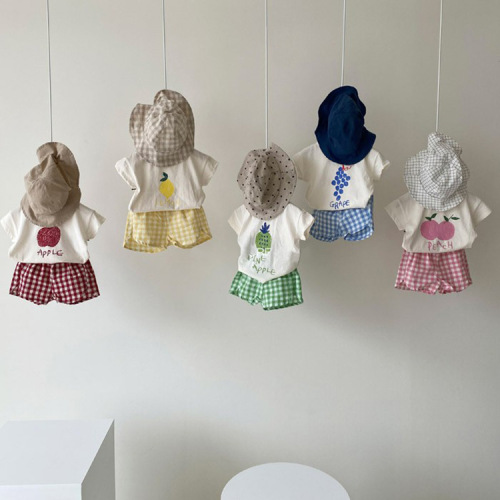 2024 Korean children's clothing summer boys and girls children's short-sleeved shorts suit fruit T-shirt plaid shorts suit