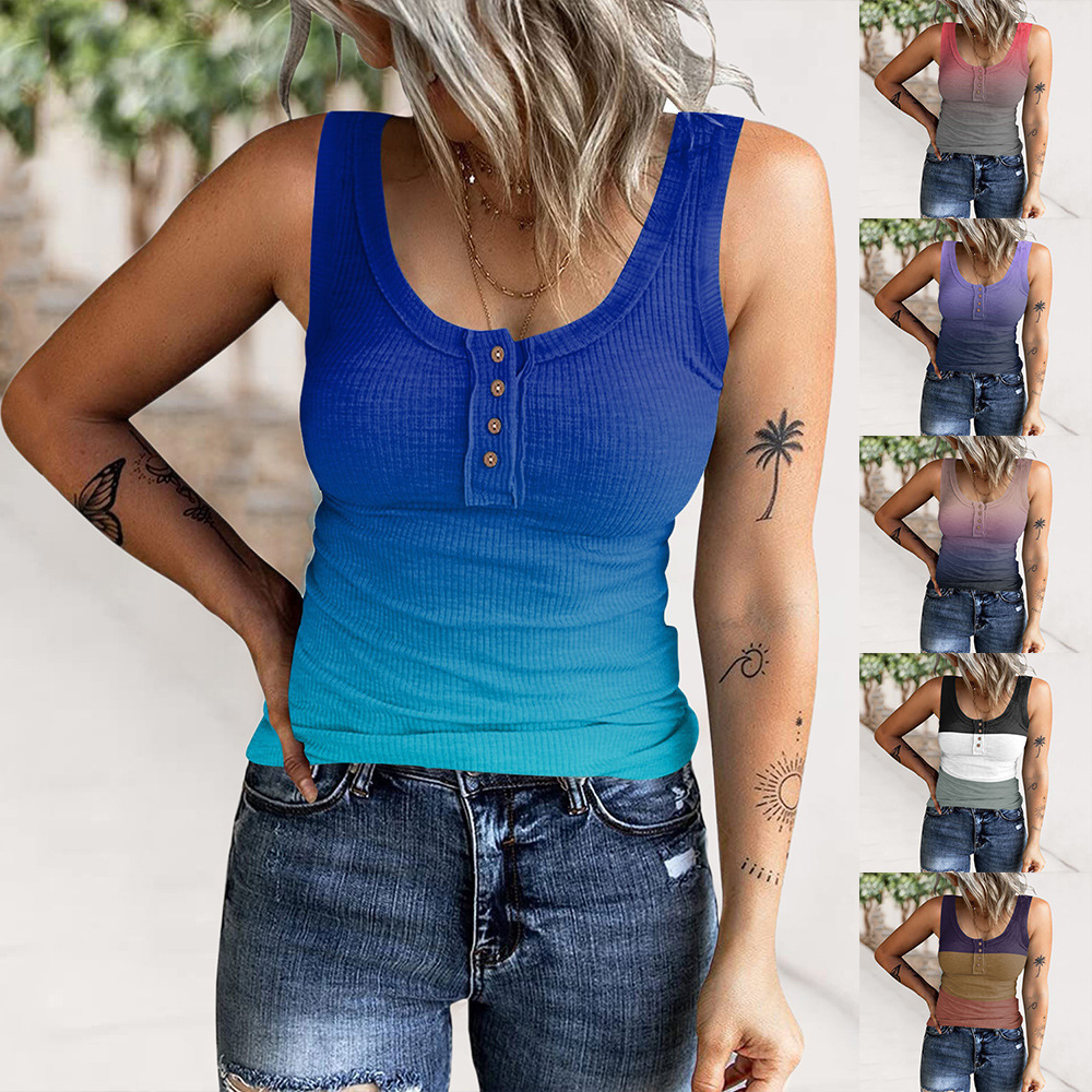 2023夏季欧美跨境亚马逊新款女装 渐变色印花纽扣螺纹背心T恤上衣