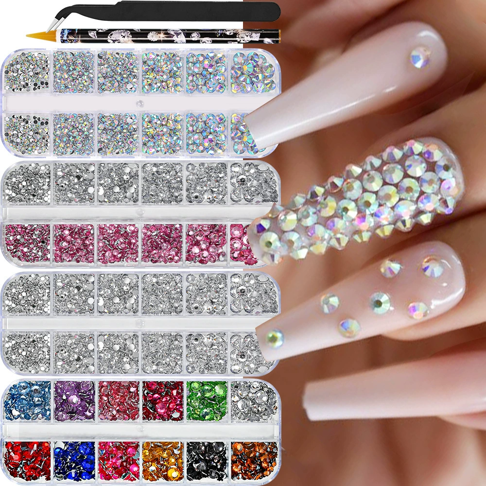 AliExpress 12-сетчатые цветные бриллианты с плоским дном, белые бриллианты, бриллианты AB, украшения для дизайна ногтей, жемчужные полукруглые смешанные украшения для ногтей с бриллиантами