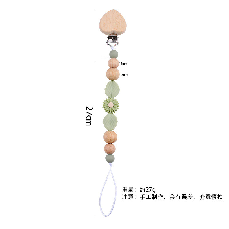 Nuevo clip de chupete de madera de haya de corazón de melocotón de dibujos animados de bebé creativo bricolaje pequeña margarita arco iris gel de mordida de silicona cadena de chupete