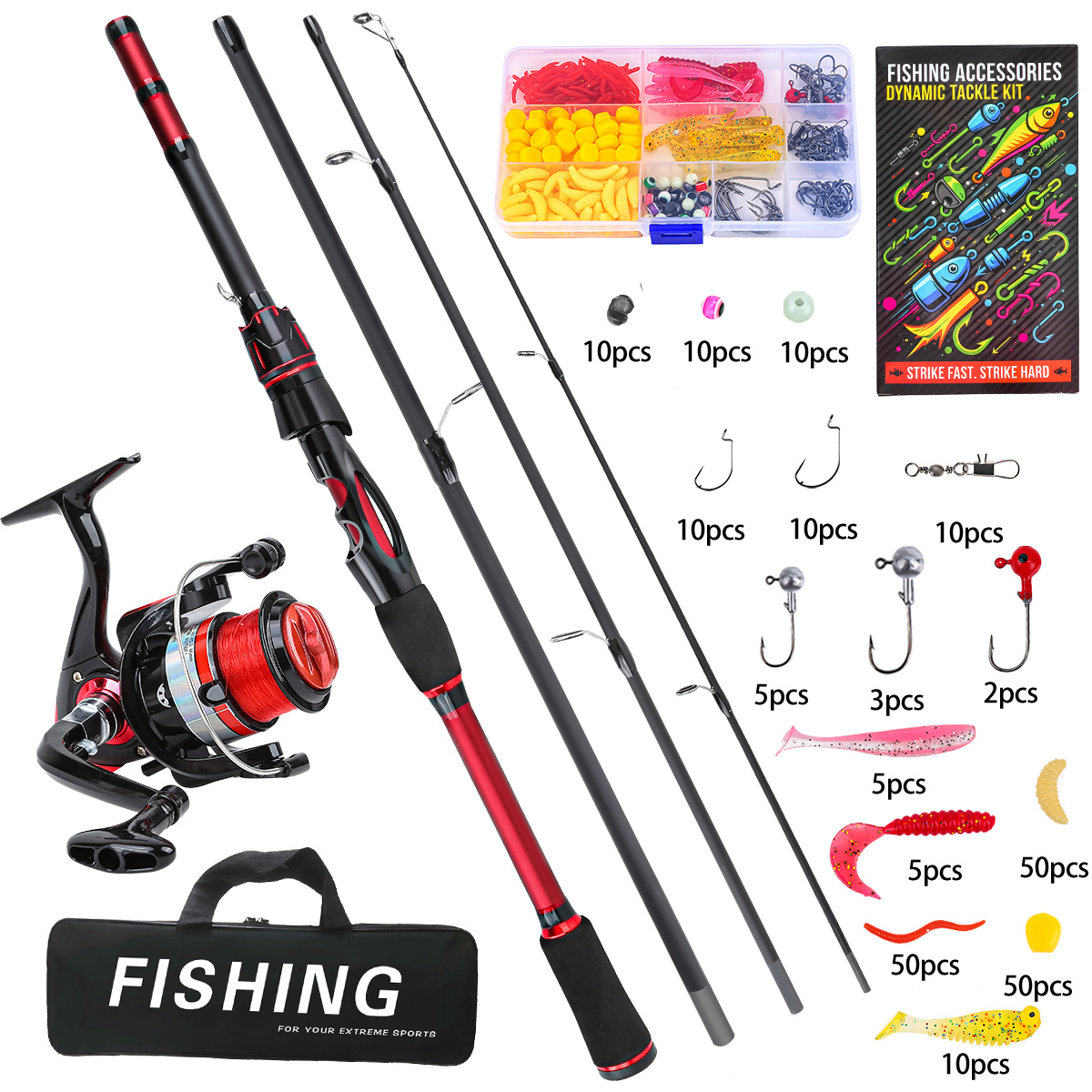 Cross-Border Fishing Rod Set 1.8m Red Fishing Gear Combo Pack 4-Section Lure Rod Sea Rod Fake Bait Set Box Fishing Gear