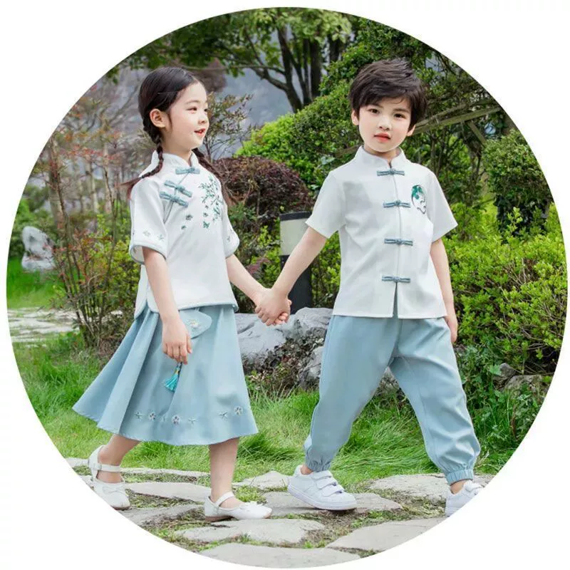 Детская китайская одежда династии Хань для мальчиков и девочек, одежда для хора в китайском стиле, тонкий весенне-осенний костюм в стиле Республики Китай с элементами Хань