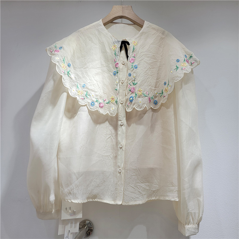 Conjunto de 2 Piezas de Camisa con Cuello Bebé para Mujer de Poliéster con Bordado Floral para Verano image 2