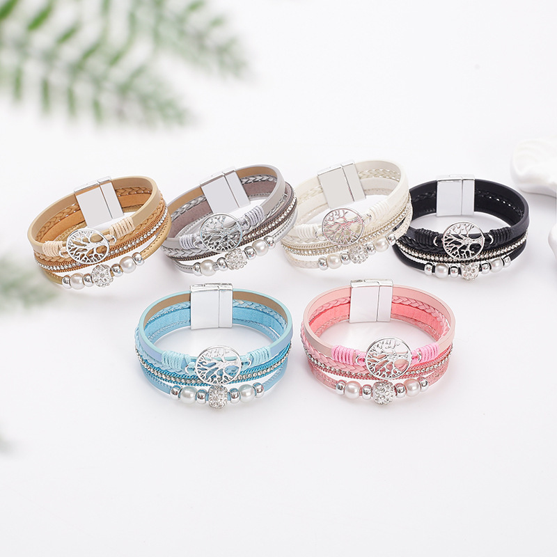 Amazon Ethnic Style Imitation Pearl Diamond Ball Magnetic Buckle Women's Bracelet Multi-Layer Pu Leather Braided Bracelet Ready for Sale Amazon Ethnic Style Imitation Pearl Diamond Ball Magnetic Buckle Women's Bracelet Multi-Layer Pu Leather Braided Bracelet Ready for Sale