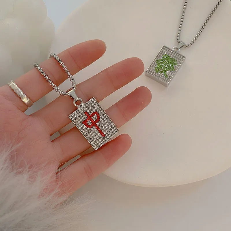 New Creative China-Chic Hip Hop Mahjong Full Diamond Red Hair Necklace Men and Women's Personalized Streets Versatile_voghion.com