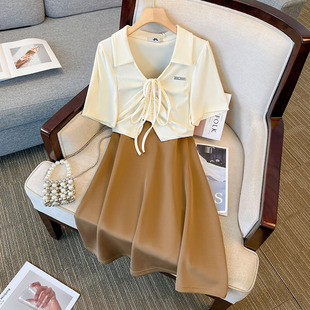 60.00 kg-175.00 kg plus size chubby girl high-end suspenders dress short top T-shirt two-piece 2024 summer new