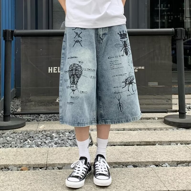 American Graffiti Three-Quarter Denim Shorts for Men and Women 2025 Summer Retro Loose Straight Wide-Leg Three-Quarter Pants Trendy