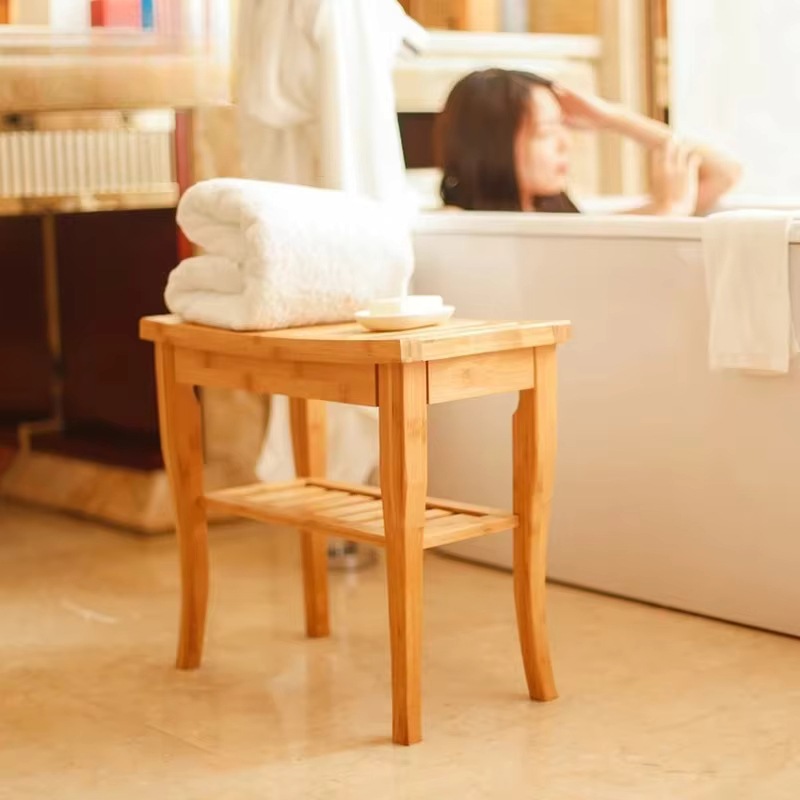 Taburete de baño europeo de 2 pisos, con asiento grueso, asiento de bambú y madera SPA taburete de ducha de bambú impermeable