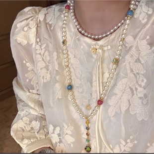 New Chinese Style Enamel Mother-Of-Pearl Pearl Multi-Treasure Peace and Joy Crossbody Stacked Necklace Long Necklace Sweet