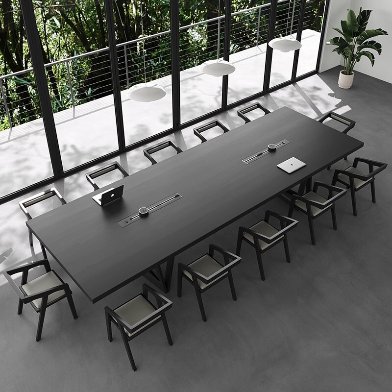 Large Solid Wood Conference Room Long Table Black Training Table Workbench Creative Office Table with Embedded Socket Large Solid Wood Conference Room Long Table Black Training Table Workbench Creative Office Table with Embedded Socket