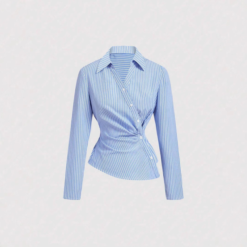 European and American Amazon Women's Blue and White Vertical Stripesd Asymmetric Long-Sleeved Shirt with Personalized Twist Design, Fashionable and Irregular European and American Amazon Women's Blue and White Vertical Stripesd Asymmetric Long-Sleeved Shirt with Personalized Twist Design, Fashionable and Irregular