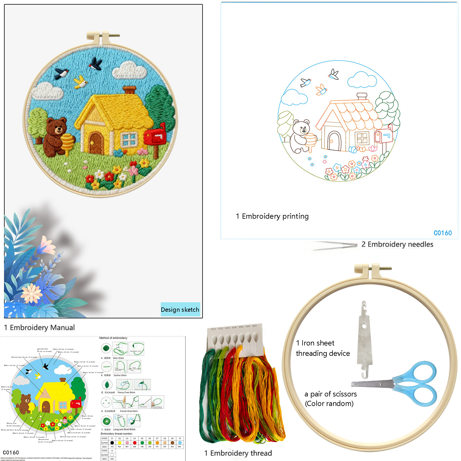 Nuevo transfronterizo primavera cabaña oso dulce dibujos animados principiantes bordado DIY material fábrica de paquetes al por mayor