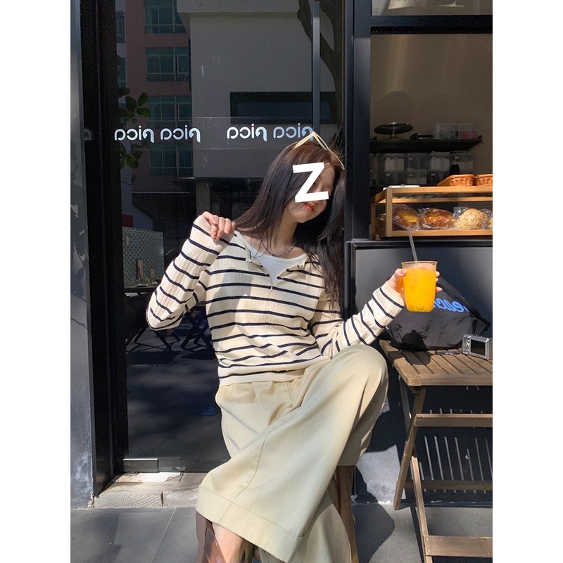 韩系撞色假两件条纹长袖恤女秋2025新款小个子修身显瘦内搭上衣款|undefined