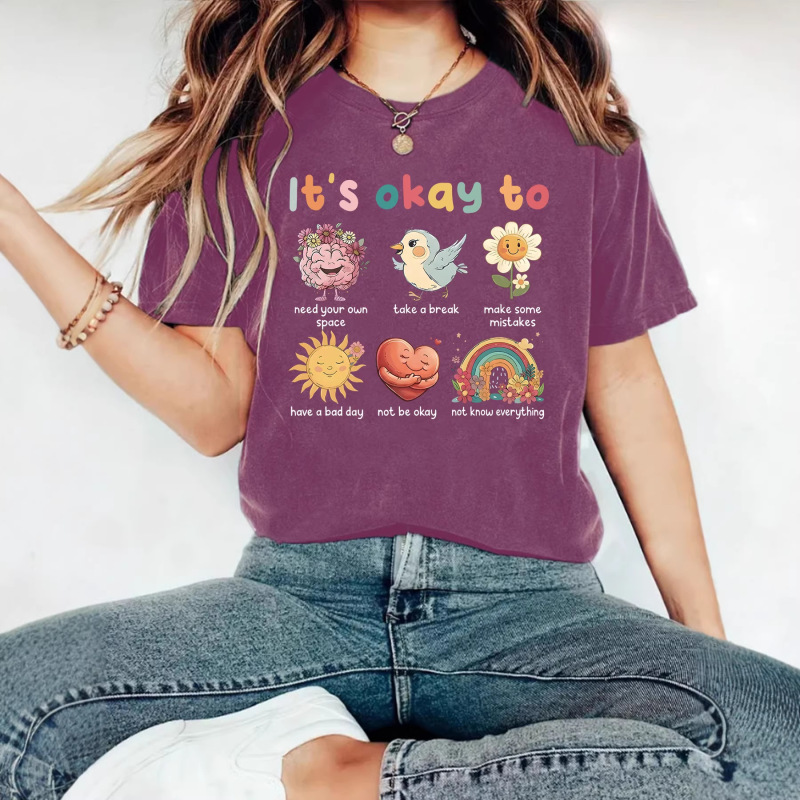 Women's Clothing with Inspirational Quotes and Mental Health Themes, Bohemian Style Motivational Printed Round-Neck Cross-Border T-Shirt
