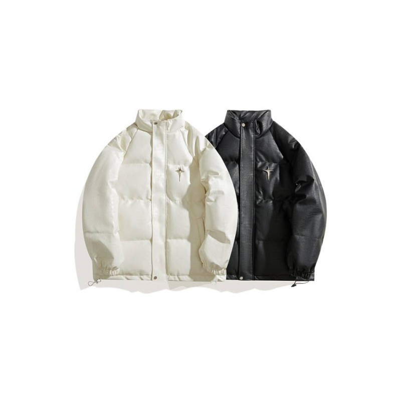 Crocodile Pattern Pu Leather Cotton Jacket for Men, Winter Thickened American Style Trendy Brand Letter Embossed Loose Fit Large Size Cotton Coat