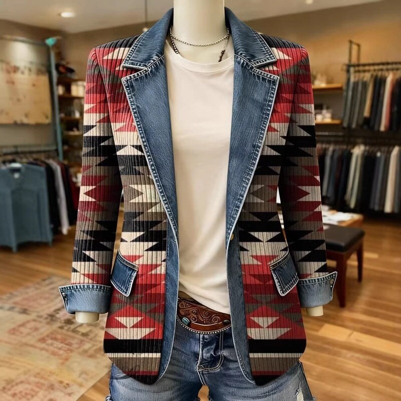 2026 Women's Vintage Aztec Art Print Patchwork Blazer 2026 Women's Vintage Aztec Art Print Patchwork Blazer