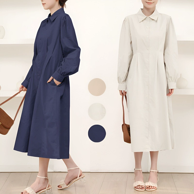 Настоящее фото нового летнего женского платья-рубашки во французском стиле, однобортное платье с длинными рукавами и шнуровкой на талии.