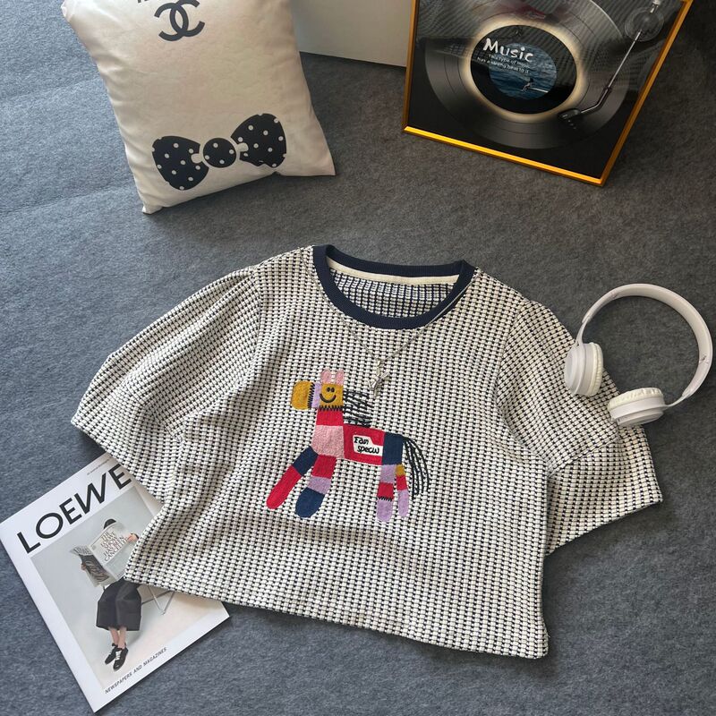 Playful Age-Reducing Lazy Soft Healing Colorfulful Pony Print Round Neck Short-Sleeved Loose T-Shirt for Women (251138)