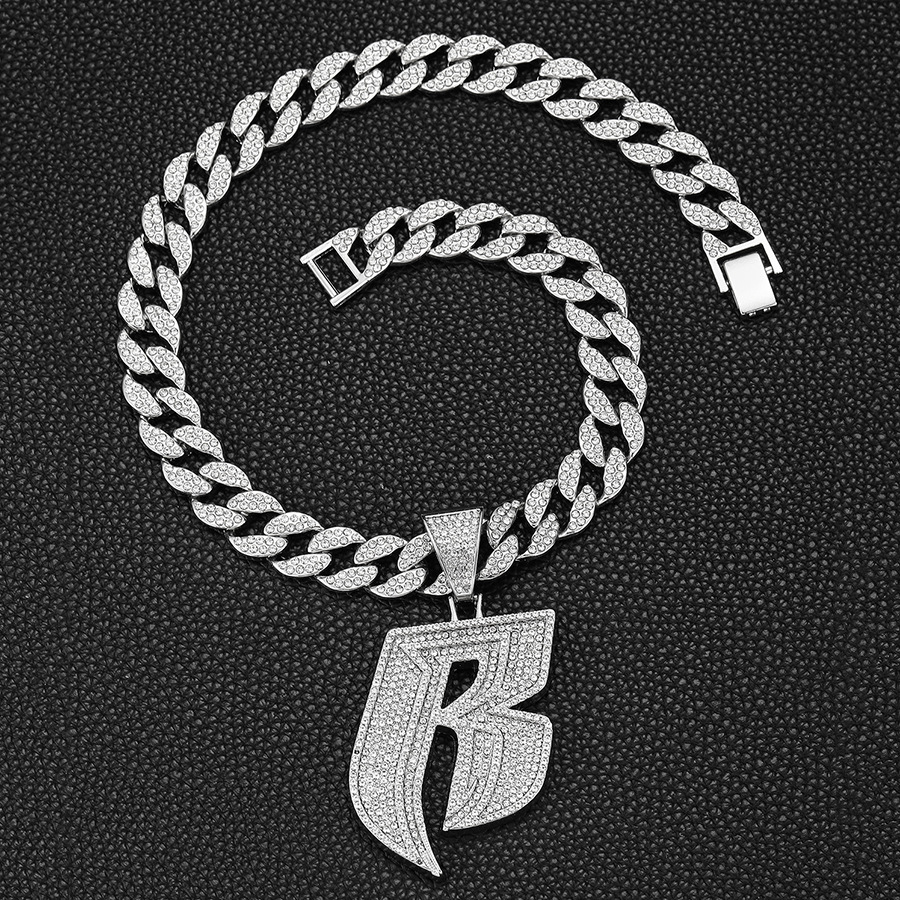 Men's Punk Style Accessories Personalized Jewelry Hip Hop Full Diamond Letter B Pendant with 15mm Cuban Necklace_voghion.com