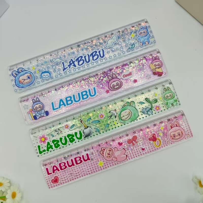 外贸拉布布卡通流沙尺金粉入油尺跨境LABUBU学生解压闪粉直尺套装|undefined